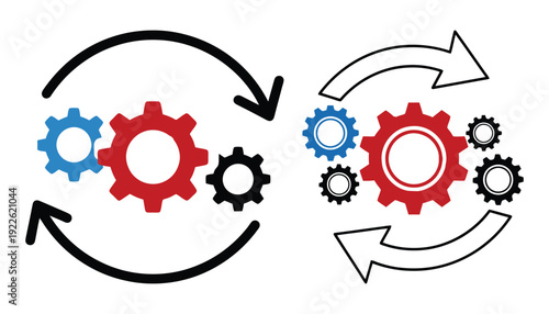 Legacy system update icons: gears and arrows for modernization