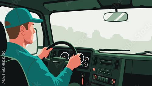Vector Illustration of a Man Driving a Vehicle with Hands on Steering Wheel and Dashboard in Foggy Environment