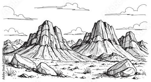 Desert mountain landscape hand drawn sketch