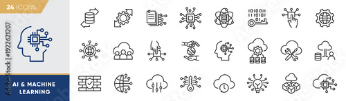 AI and Machine Learning Line Icons – Artificial Intelligence, Smart Automation, Neural Network and Data Processing Vector Set