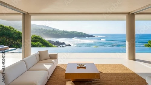 Luxury hotel swimming pool with modern interior design and large glass windows overlooking the sea view 4k video