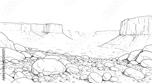 Grand desert canyon vista with boulders sketch