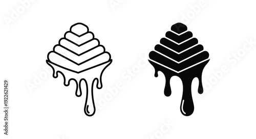 Minimalist vector icons featuring a layered geometric pyramid melting into liquid drips, symbolizing structural decay, fluid transformation, and creative abstract branding concepts.