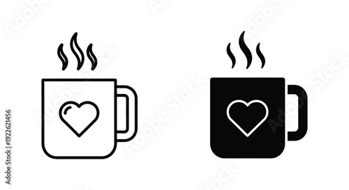 Minimalist coffee mug icons featuring a heart symbol and rising steam, perfect for cafe branding, romantic morning concepts, and hot beverage menu design.