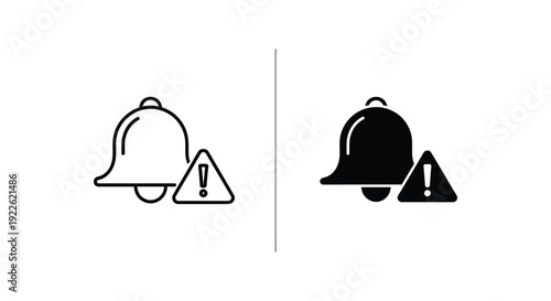 Minimalist notification bell icons with warning alert triangle in outline and solid styles for mobile app interface and system error notifications