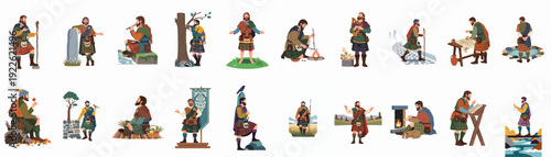 Historical and Cultural Scottish Men Illustrations in Kilts: Depicting Traditional Life, Music, Nature, and Exploration.