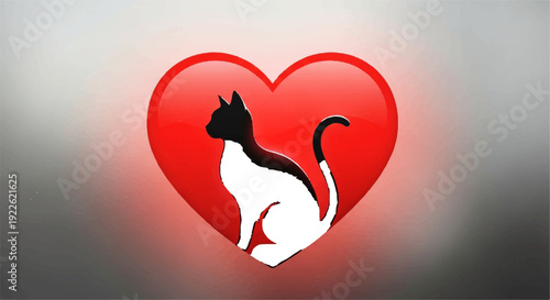 Black and white cat sitting inside a red heart on a gradient background symbolizing love and affection for pets and animals