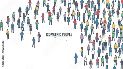 Isometric illustration of a diverse crowd of people standing together in a semi-circle on a white background, conveying unity and community.
