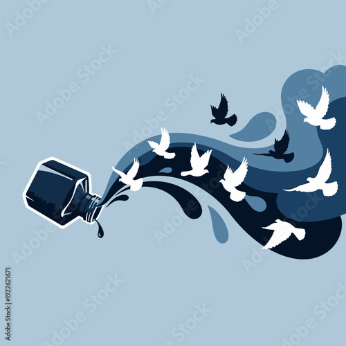 Ink bottle pouring out creating birds and splashes on blue background