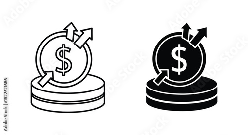 Set of minimalist financial icons representing cash flow and investment growth with dollar coins and directional arrows for business banking and profit management
