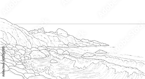 Rocky Shoreline Sketch Coastal Beach Ink Drawing