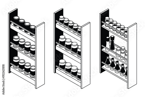 Spice rack pullout organizers with various containers, kitchen storage solution illustration