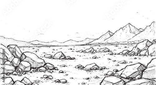 Wide Rocky Plain and Mountain Range Drawing