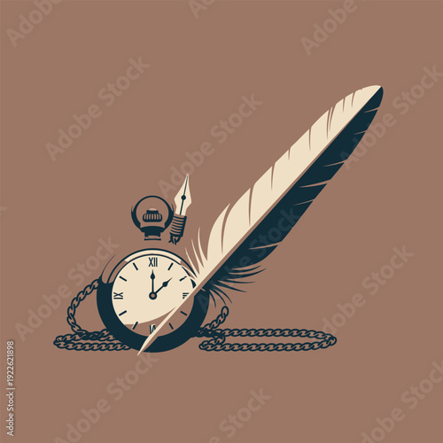 Vintage pocket watch with quill pen and light bulb representing time and ideas