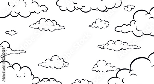A black and white illustration of various cloud shapes and sizes on a plain white background, featuring puffy, fluffy, and wispy cloud formations in different styles.