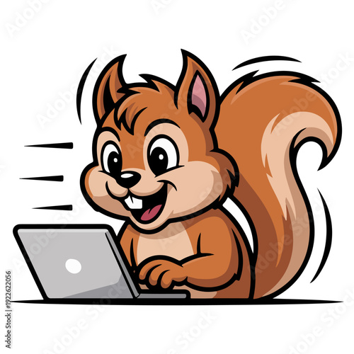 A cartoon squirrel working on a laptop computer. The squirrel is focused and appears to be enjoying the task