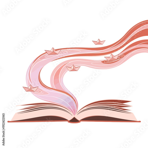 Open book with paper boats sailing on flowing waves in rosy hues and soft motion