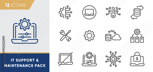 IT Support & Maintenance Line Icons – Technical Service, System Administration and Infrastructure Management Vector Set