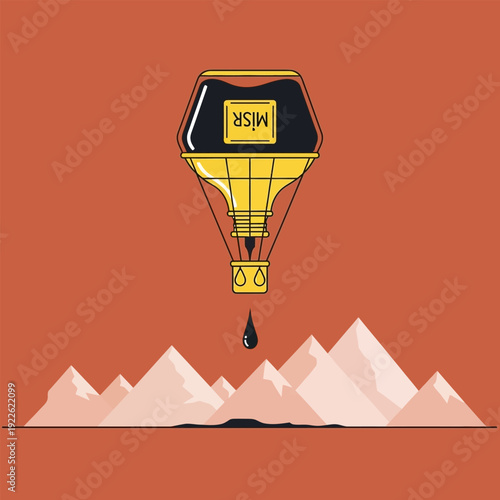 Hot air balloon shaped like ink bottle flying over mountains, abstract concept