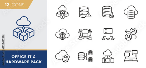 Office IT Hardware & Cloud Network Line Icons Pack