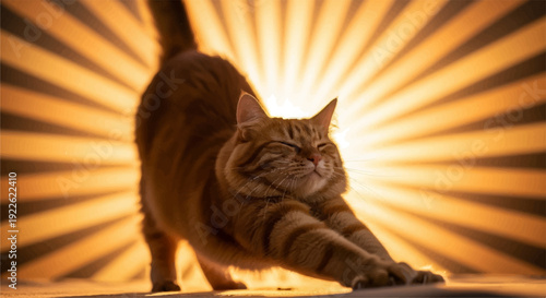 Brown tabby cat stretching in front of radiant sunburst background with warm orange hues and dark rays