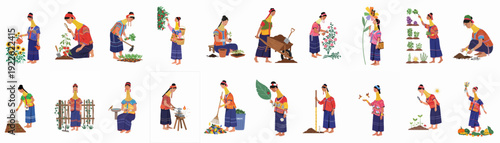 Illustrations of Kayan Lahwi women in traditional dress, engaging in diverse agricultural practices, gardening, and daily tasks, celebrating their cultural connection to nature.