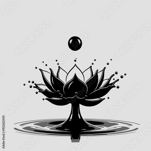 Black ink lotus flower splash with a drop falling and water ripples