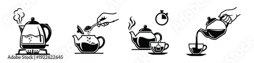 Tea preparation instruction, boiling water, adding tea, steeping and pouring tea into cup