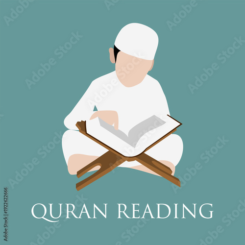 Boy reading quran wearing a white kurta vector illustration.