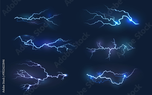 A dynamic collection of blue and purple lightning strikes illuminates a dark, stormy night sky.