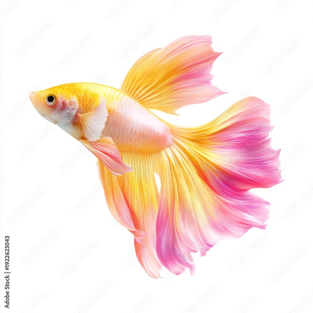 Fototapeta premium Vibrant Goldfish with Striking Pink and Yellow Fins Swimming Gracefully in Crystal Clear Water