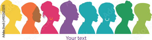 Diverse group of women silhouettes in various colors, customizable template for diversity and inclusion concepts, equality and community.