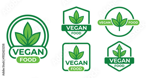 Vegan food labels set. Green plant leaves icons for vegetarian products