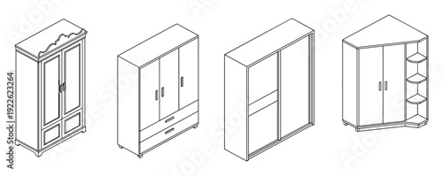 Wardrobe isometric line drawing vector illustration set.