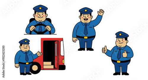 Cartoon illustration of a friendly male driver in a blue uniform performing various actions related to transport and delivery.
