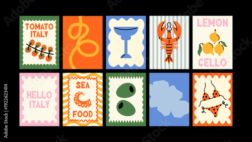 Contemporary Italian summer posters with Italy lettering, bikinis, sun, cocktails, pasta, seafood and fresh fruits. Trendy Mediterranean wall decor.