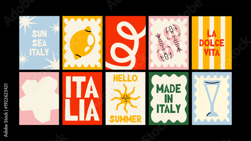 Abstract Italian summer posters with iconic Italy phrases, bikinis, sun, cocktails, pasta, seafood, fruits and vegetables in modern Mediterranean cartoon style.