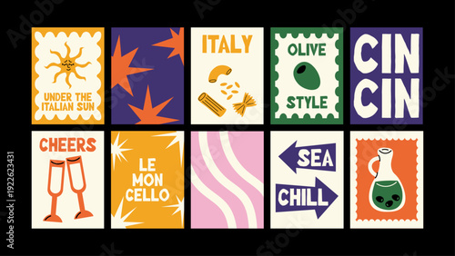 Modern Italian summer wall art featuring Italy quotes, bikinis, sunshine, cocktails, pasta, seafood and fresh fruits in trendy abstract cartoon design.