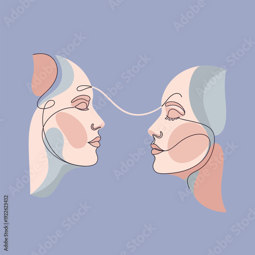 Line art abstract faces in profile, connected by a single thread, soft pastel colors
