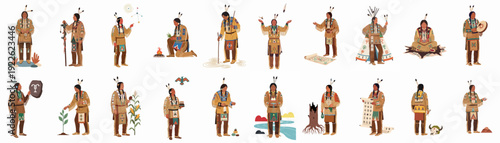 Diverse set of Native American men illustrations in traditional dress, depicting cultural practices, spiritual rituals, and historical heritage.
