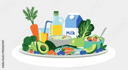 A vibrant illustration of a balanced diet plate featuring a variety of fresh vegetables, fruits, nuts, milk, and juice, promoting healthy eating and nutrition for a wellness lifestyle.