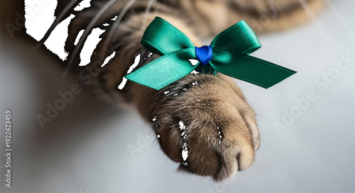 Close up of a cat's paw adorned with a green bow and sparkling jewels on a blurred background