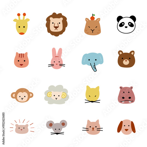 手描き動物のフラットなかわいい顔アイコン