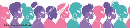 Diverse group of people wearing headphones in profile, illustrated in purple, pink, and teal colors, representing unity and music culture.