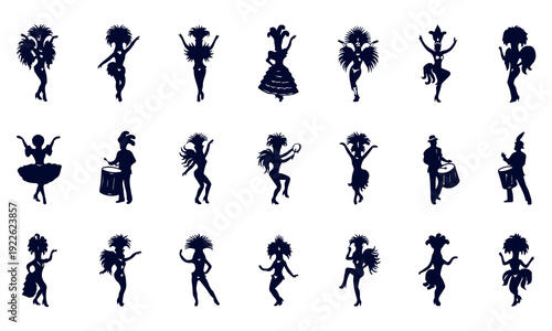 Silhouettes of carnival dancers and musicians in traditional festive attire