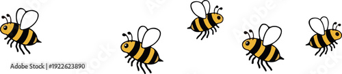 A group of cartoon bumblebees flying in a line on a white background, conveying a sense of movement and playfulness in a whimsical illustration.