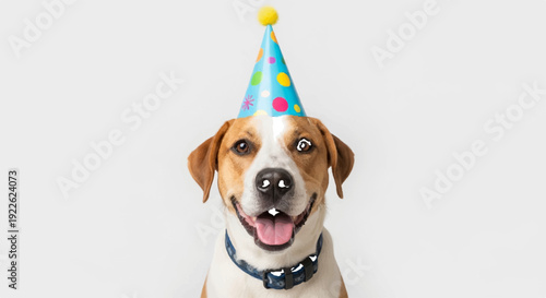 Happy dog wearing colorful party hat smiling at camera on white background for celebrations