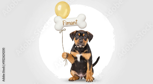 Adorable doberman puppy holding birthday balloons with '1st' text on white background