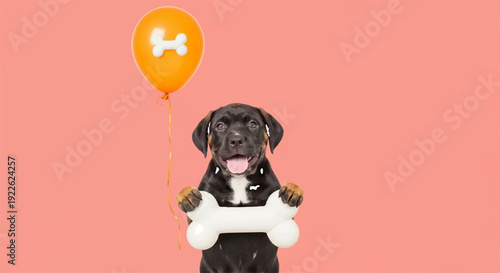 Happy black dog holding white bone with orange balloon on pink background joyful pet with treat