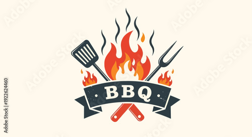 BBQ Grill Tools with Flames and Ribbon Logo Design.